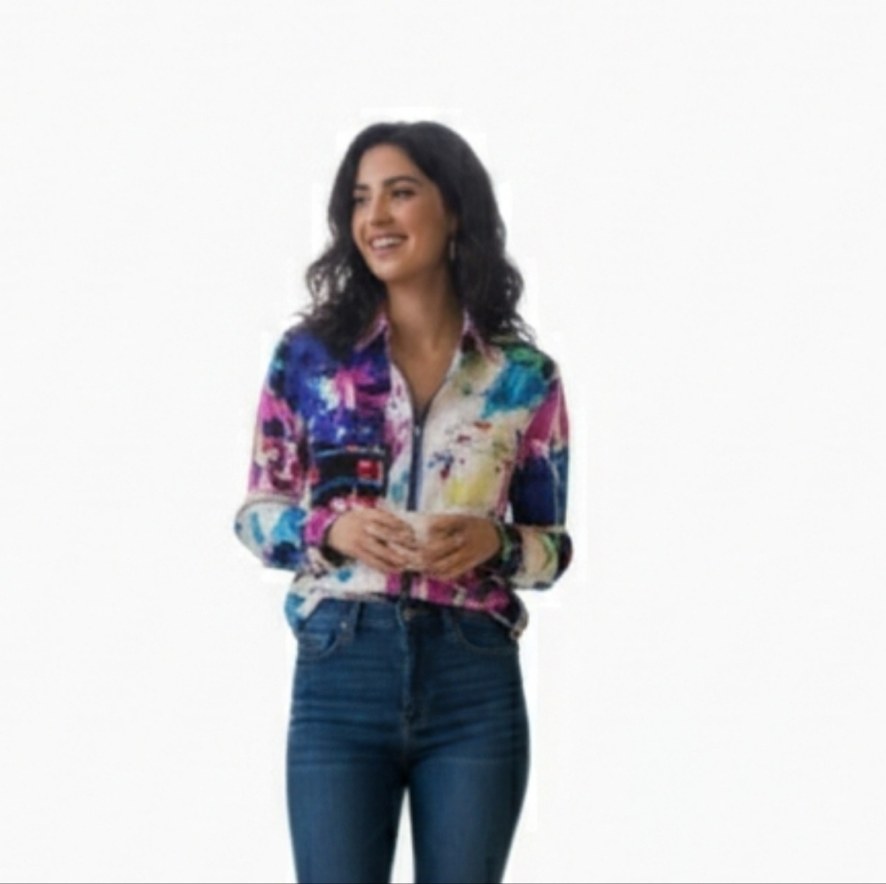 Tracy M Abstract Watercolor Print Zip Front Blouse Bomber Jacket Size L